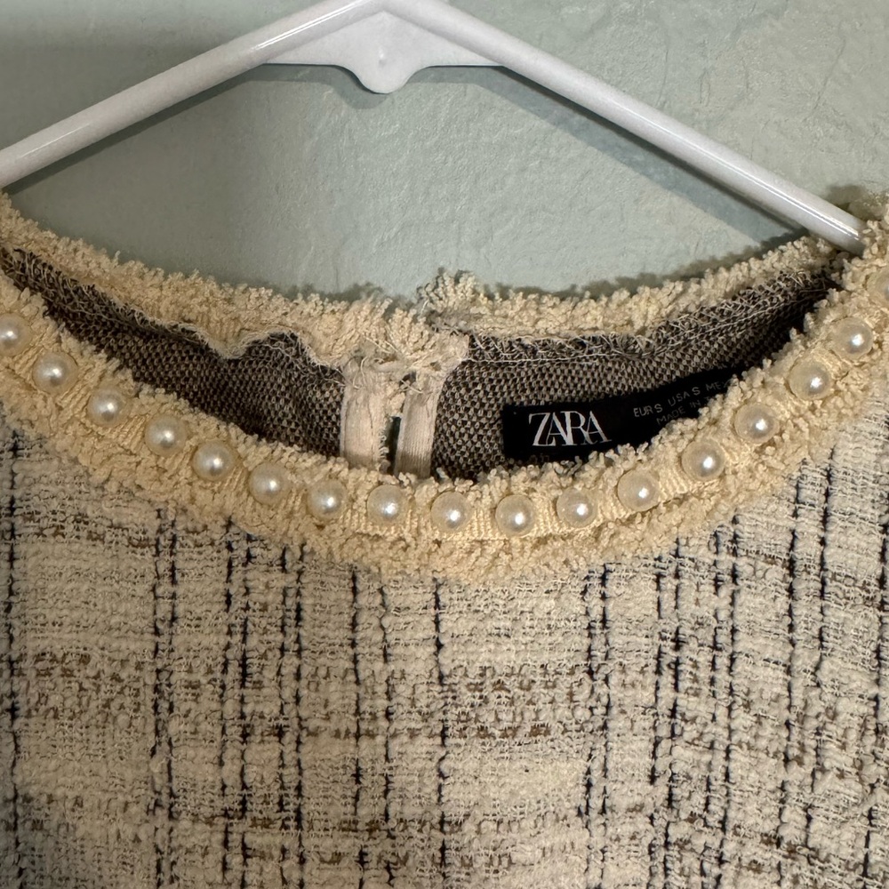 Zara Tweed Sweater Boucle Sweatshirt w/ Pearl Collar Size Small - Picture 3 of 6